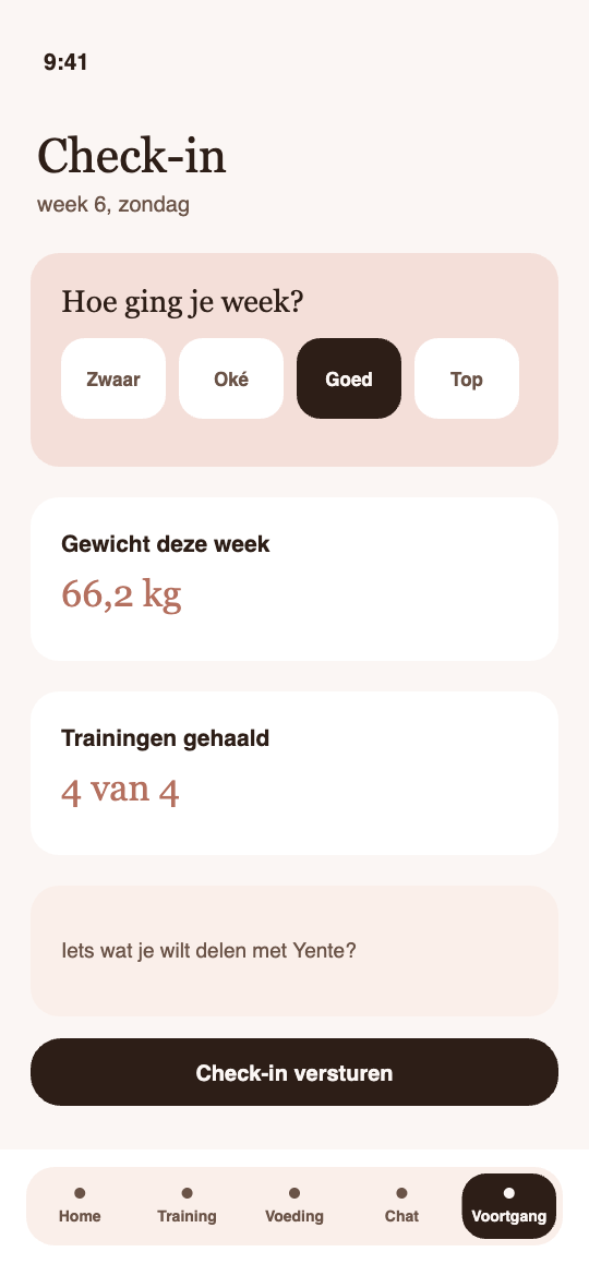 Schermafbeelding Become You-app, check-ins: je week doorgeven aan mij