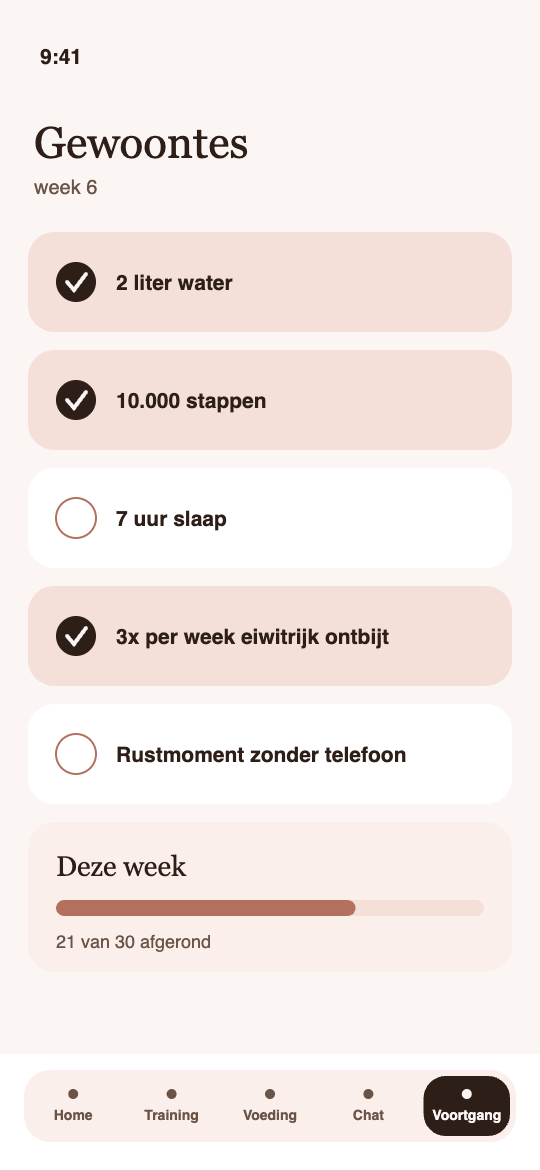 Schermafbeelding Become You-app, gewoontes: waar je deze week aan werkt
