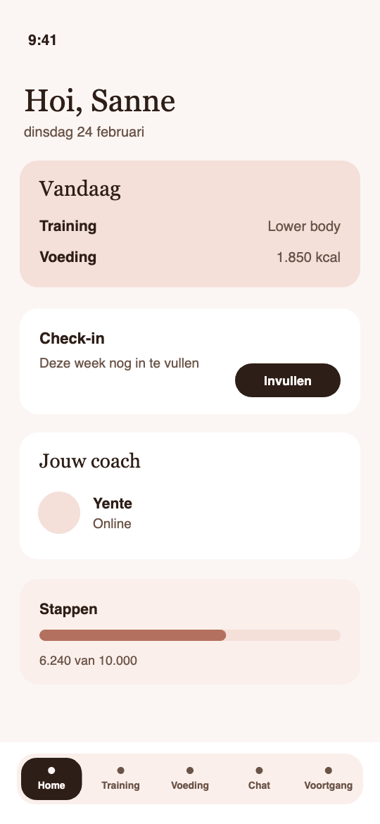 Schermafbeelding Become You-app, home: je dag in één overzicht