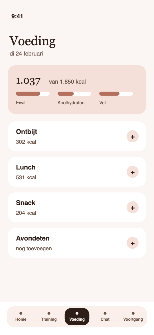 Schermafbeelding Become You-app, voeding: dagoverzicht en recepten